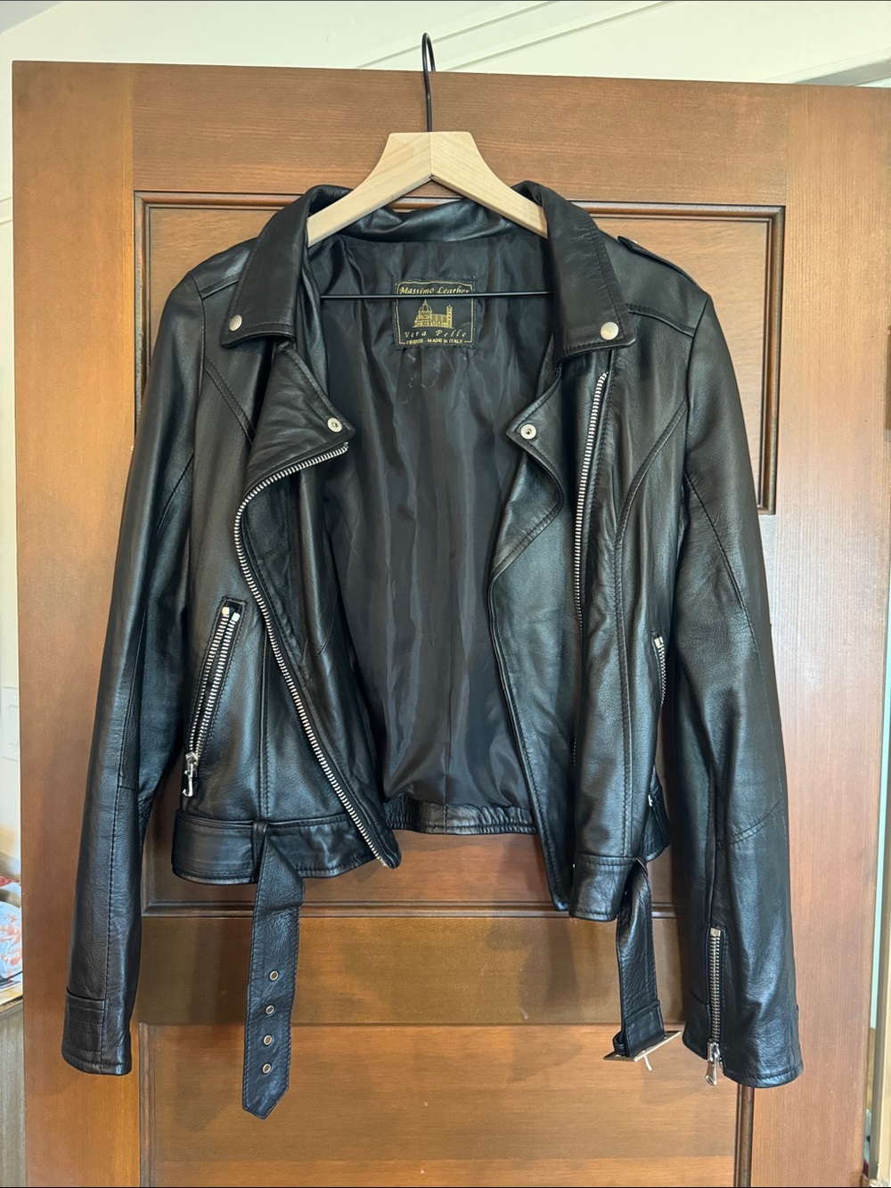 Italian Massimo Black Leather Moto Jacket with Belted Waist